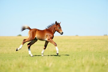 Obraz premium A small foal runs freely across a sunlit meadow with soft grass under a blue sky. The foal's legs move quickly in joyful motion