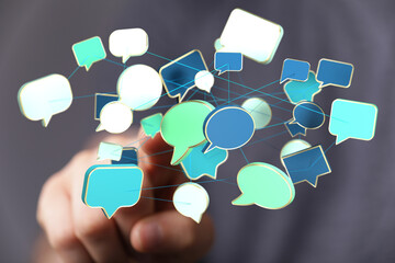 Abstract image of interconnected speech bubbles, representing global communication and networking.