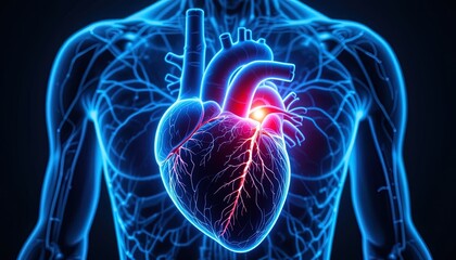 Detailed anatomical illustration of a human heart within the torso.