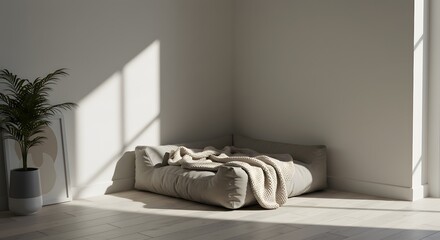 Neutral-colored pet bed with folded soft blanket in sunlit room, minimal and peaceful indoor setting