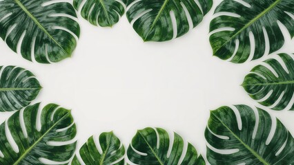 Fototapeta premium Vibrant tropical monstera leaves displayed on a clean white surface. Ideal for summer designs. Flat lay style with room for text.