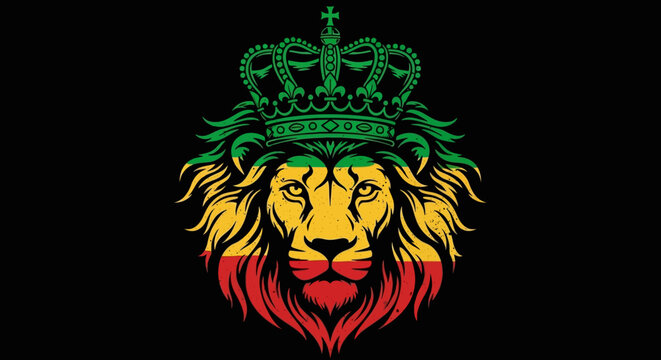 Majestic Lion with Crown, Rastafarian Colors, Detailed Design