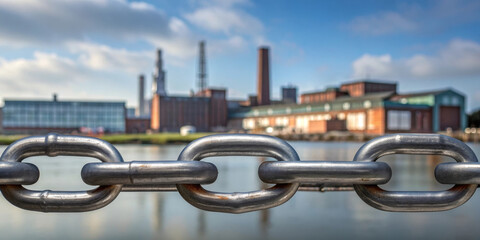 Naklejka premium Industrial chain link foreground factory building water reflection blue sky metal urban architecture manufacturing industry strength security