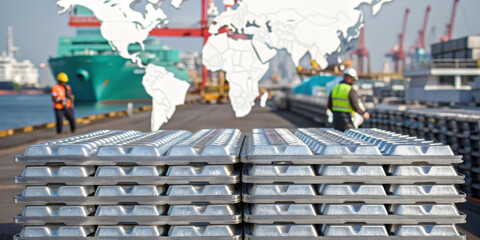 Aluminum ingot shipping port global trade export import industrial logistics worker transportation and world map overlay create dynamic scene of international commerce