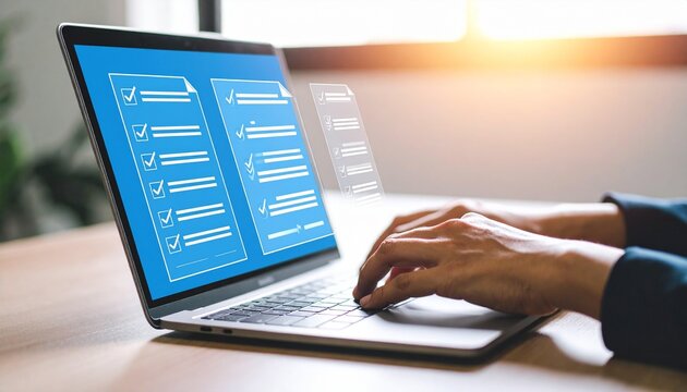 Online survey displayed on a laptop screen with hands typing on the keyboard, symbolizing data entry and form completion.
