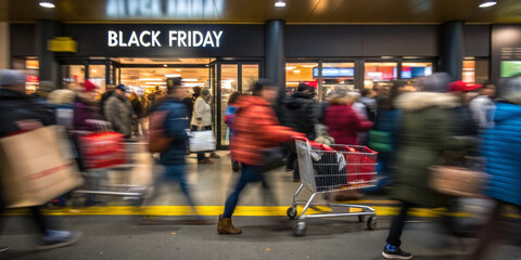 Crowd shopping sale Black Friday rush people store discount retail excitement busy entrance consumer bargain commerce holiday event shopping cart purchase urban winter clothing motion blur queue