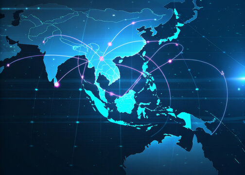 Digital map glowing ASEAN trade routes augmented reality blue background network Southeast Asia technology connection futuristic data visualization. image shows vibrant interconnected region with