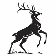 Obraz premium Stylized black silhouette of a rearing deer with antlers standing on grass, representing wildlife, nature, forest strength, and hunting. Ideal for logos, tattoos, and outdoor-themed artwork.