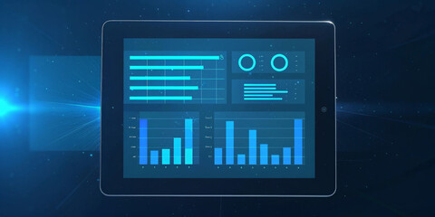 Logistics dashboard tablet data visualization bar chart pie chart digital interface blue background technology business analytics modern design efficiency