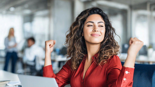 Smiling Hispanic or Spanish Woman in Red Shirt Clenching Fists in Victory Gesture, Sitting at Desk with Laptop, Office Scene Showing Success, Motivation and Confidence.