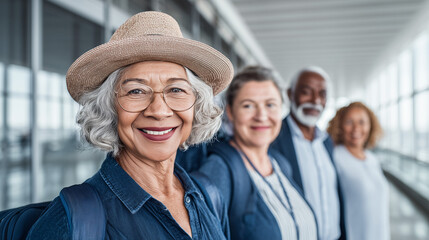 Group of Senior Travelers at at Terminal, Train Station or Airport, Active Retirees on Vacation, Freedom in Retirement, Elderly Friends on a Journey.