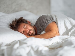 A man peacefully sleeping on a bed with white bedding, resting his head on a pillow and appearing relaxed and comfortable.