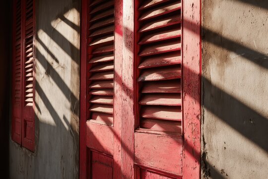 Red shutters and sunbeams on wall - Powered by Adobe