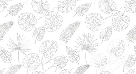 Delicate Outlines of Tropical Leaves Monstera Fern and Palm in Subtle Gray.