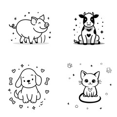 Obraz premium Monochrome farm animal and pet illustrations creating engaging visual stimulation for infant learning and developmental materials