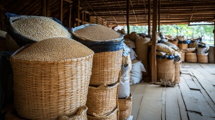Grains and Seeds Stored in Baskets Inside a Rustic Warehouse