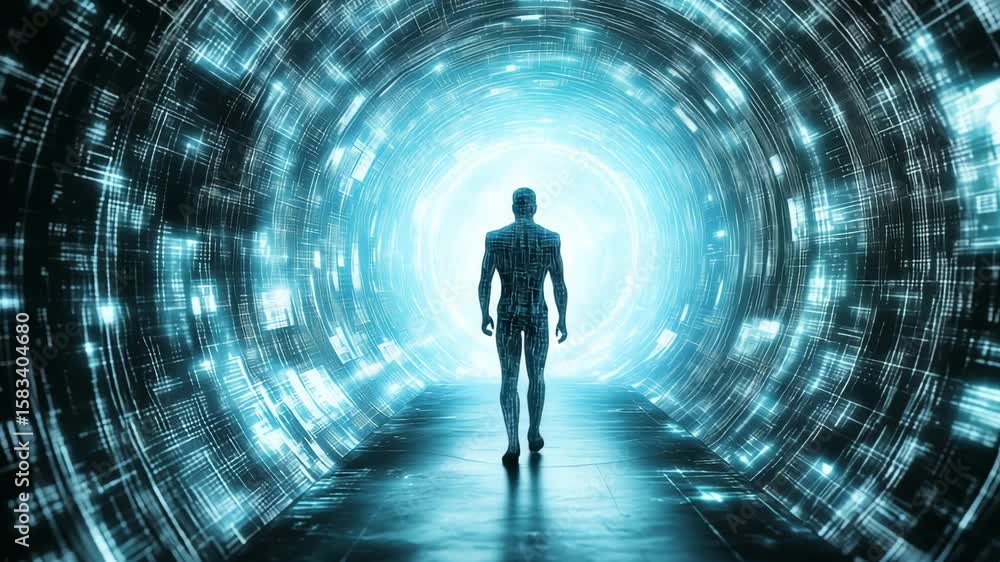 Poster a digital figure walks towards a bright light in a virtual tunnel filled with glowing patterns, symb