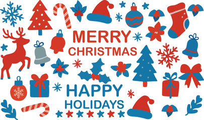  Flat Red and Blue Christmas and Holiday Icons Set  Santa Hat, Tree, Reindeer, Gifts, Snowflakes, and Festive Decorations
