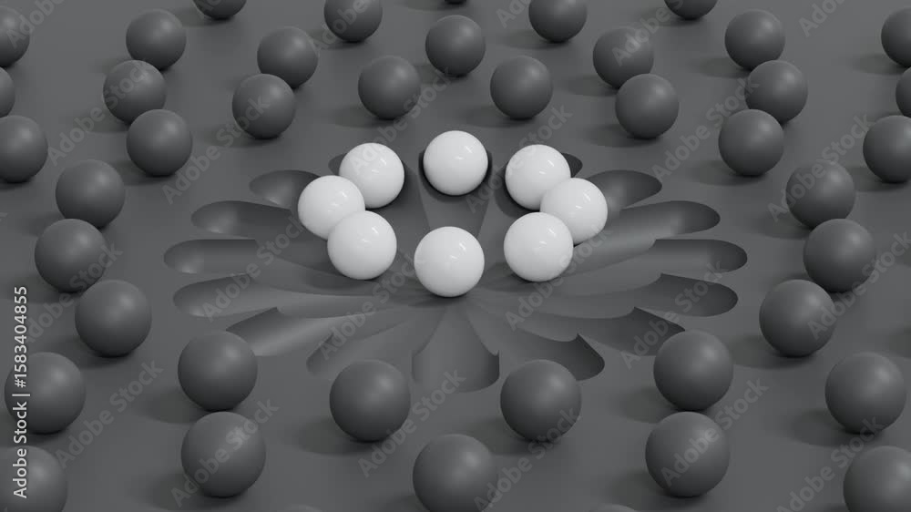 Poster two floating white balls on a charcoal backdrop in an abstract 3d loop. designed for art directors, 