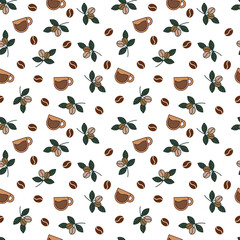 seamless pattern of coffee beans and coffee cups for the coffee shop background. decoration cafe, place to eat and culinary events. for a coffee themed greeting card. for coffee-themed fabric motifs