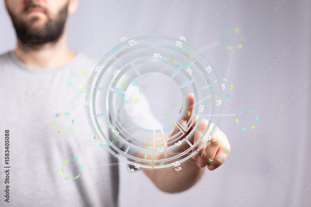 Poster stock photo of a person using a holographic interface to view data charts and analytics.