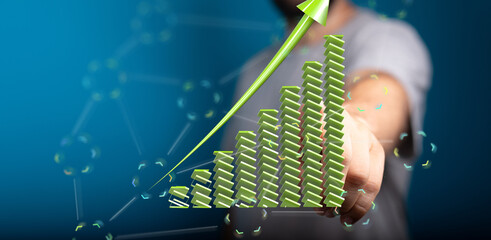 Stock photo of a hand interacting with a 3D bar chart showing significant growth and success.
