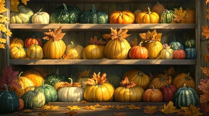 Colorful Display of Pumpkins and Autumn Leaves on Wooden Shelves