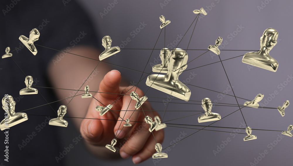 Poster image of a hand interacting with a network of golden profile icons, representing global connections 