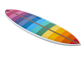 A surfboard with colorful stripes, isolated on a transparent background in PNG format.