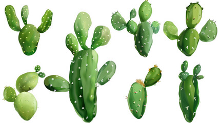 Set of Green Tropical Cactus Plants Isolated on Transparent Background