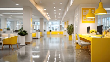 Blurred office interior background with a blurred door and glass wall, blurry bokeh light effect for a business concept design. High-quality photo, taken with a telephoto lens in realistic daylight.