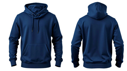 Navy blue hoodie in front and back view, mockup isolated on transparent background