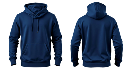 Navy blue hoodie in front and back view, mockup isolated on transparent background