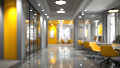 Blurred office interior with white walls and light yellow accents, creating an abstract background for corporate design concepts. Commercial photograph, soft lighting