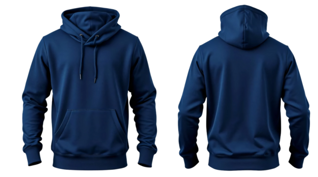 Navy blue hoodie in front and back view, mockup isolated on transparent background