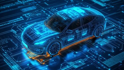 Electric car hologram featuring intricate designs on a digital blueprint with glowing circuit patterns within an advanced engineering framework - Powered by Adobe