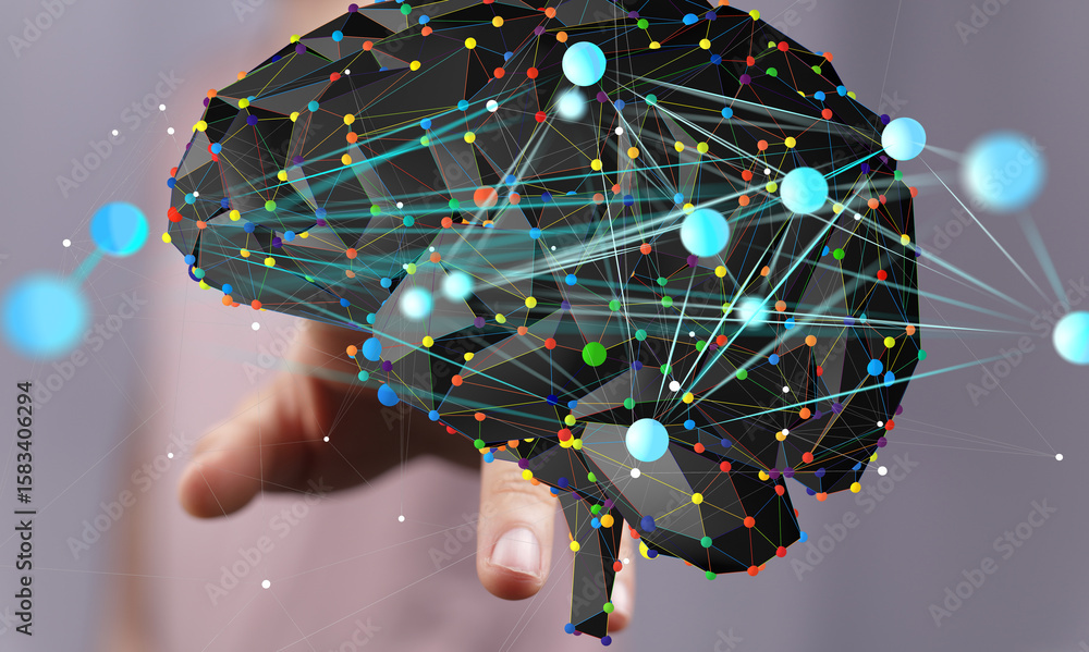 Poster abstract image of a hand interacting with a digital brain model representing neural networks and ai.