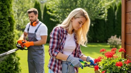A cheerful couple is gardening together, the woman trimming flowers while the man shapes the hedge in their yard - Powered by Adobe