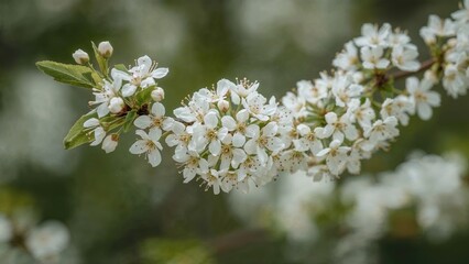 Macro image capturing a flowering tree branch covered in delicate white petals with rosy centers.