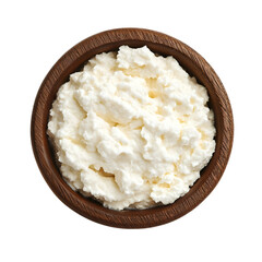Cottage cheese in wooden bowl top view isolated on transparent background