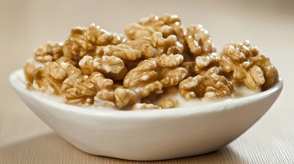 Delicious Fresh Walnuts in a White Bowl on a Wooden Surface