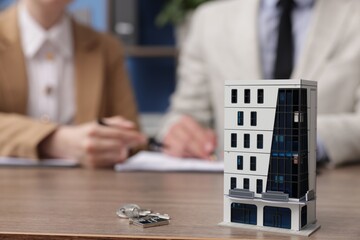 Real estate agent working with client at desk in office, focus on house model