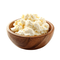 Cottage cheese in wooden cup side view isolated on transparent background