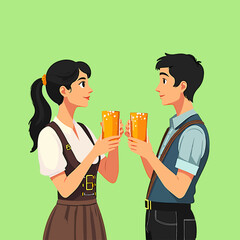 From the Oktoberfest series, a guy and a girl in a dirndl and a mug of beer in their hands against a contrasting isolated light green background.