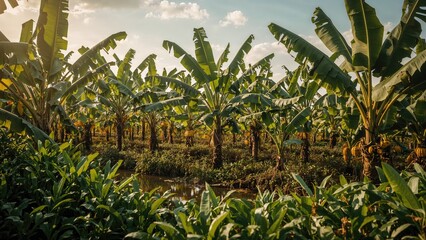 Banana crops growing next to an irrigation ditch