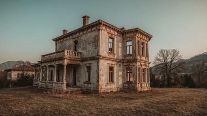 Fototapeta premium Abandoned two-story old house with peeling paint and broken windows surrounded by dry grass and barren trees at sunset