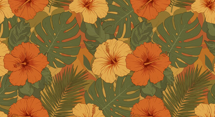 Tropical Hibiscus and Monstera Leaf Pattern in Earthy Orange and Green Tones.