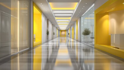 Blurred office interior with white walls and light yellow accents, creating an abstract background for corporate design concepts. Commercial photograph, soft lighting