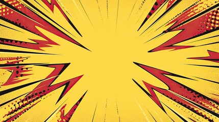 Yellow background with red lightning bolts and orange lines to create an explosion effect, vector illustration in comic book art style with simple shapes and strong visual impact.