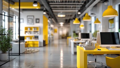 Blurred office interior with white walls and light yellow accents, creating an abstract background for corporate design concepts. Commercial photograph, soft lighting